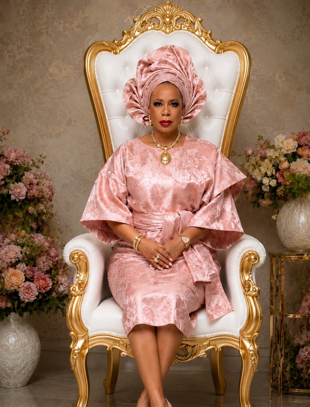 Bosede Iyewarun, Founder and Creative Director of Adeyemi Royalabel, seated in an ornate white and gold chair wearing a blush-pink traditional ensemble and matching gele