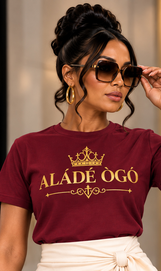 Woman wearing the Merlot ALÁDÉ ÒGÓ signature T-shirt with an ivory skirt