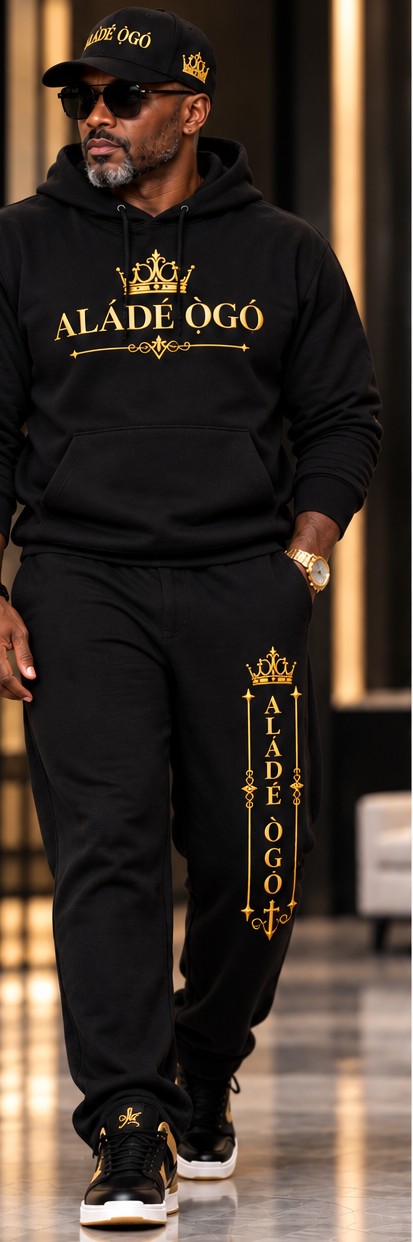 Man wearing a black ALÁDÉ ÒGÓ hoodie and sweatsuit with gold crown branding