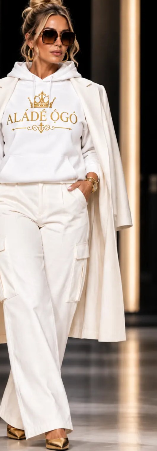 Woman wearing an ivory ALÁDÉ ÒGÓ look with wide-leg trousers and tailored coat
